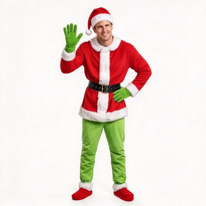 Costume de Monstre Vert Combinaison à Capuche en Fourrure de Noël Gants et Couvre-Chaussures pour Enfants et Adultes