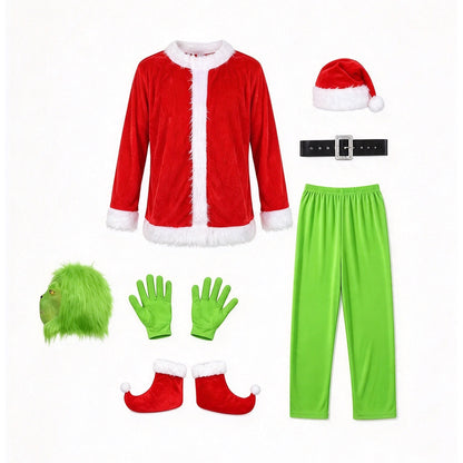 Costume de Monstre Vert Combinaison à Capuche en Fourrure de Noël Gants et Couvre-Chaussures pour Enfants et Adultes