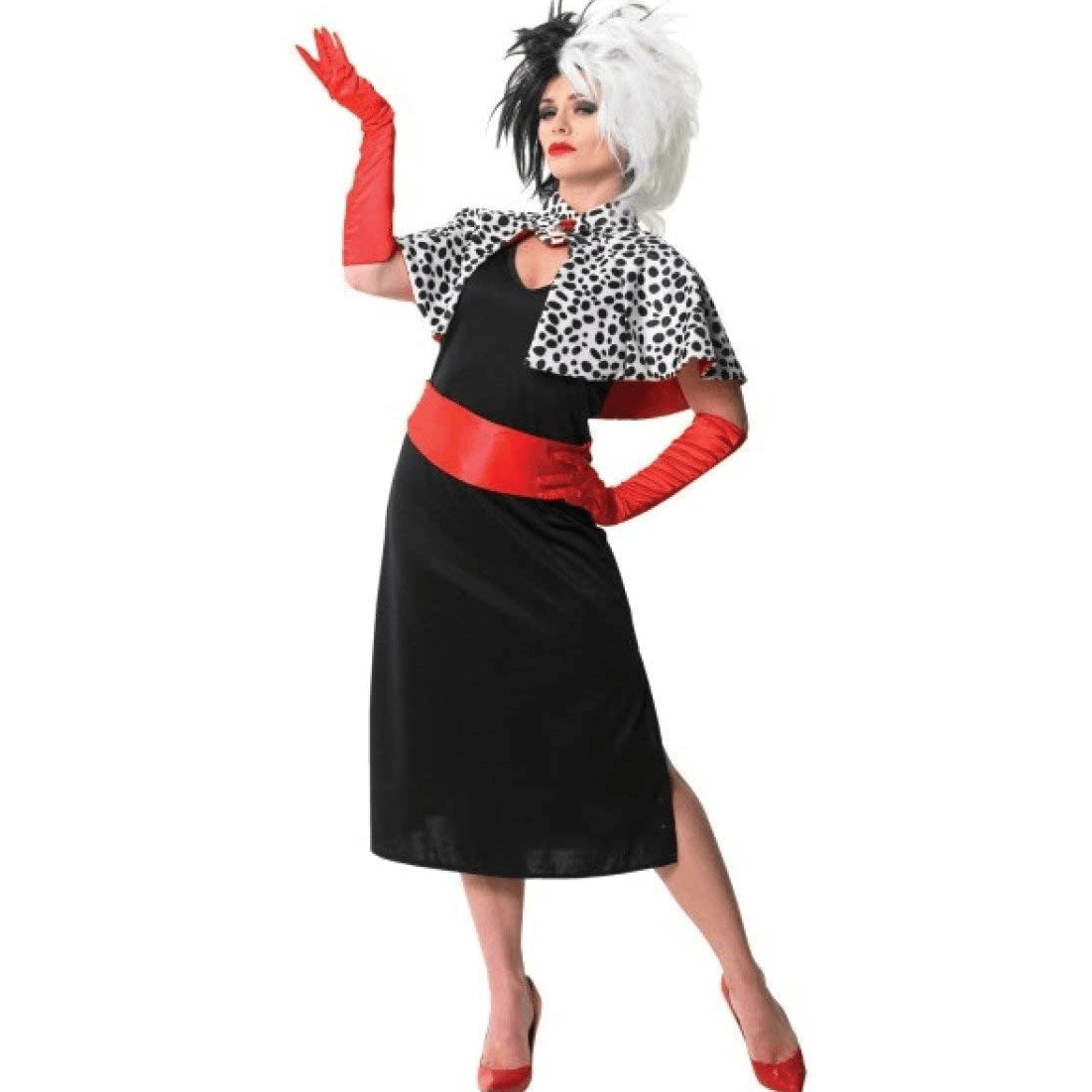 Robe de Cosplay Cruella Deville avec Gants et Cape Ensemble Complet Déguisement d'Halloween les 101 Dalmatiens