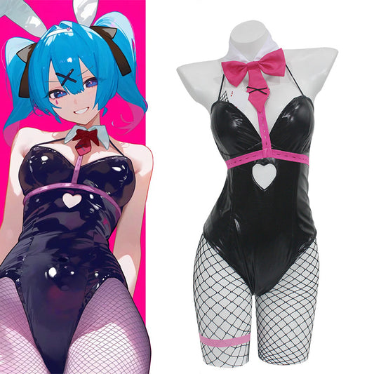 Miku Bunny Costume Women Sexy Black Bunny Girl Leather Bodysuit and Accessories