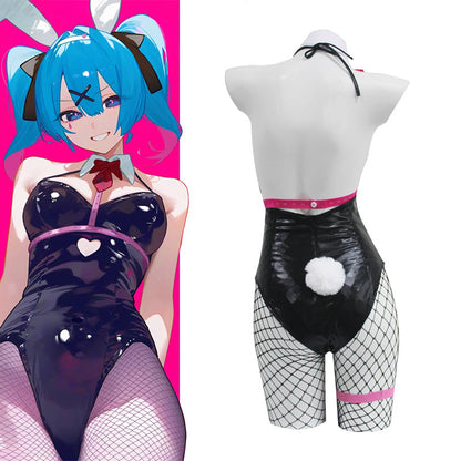 Miku Bunny Costume Women Sexy Black Bunny Girl Leather Bodysuit and Accessories