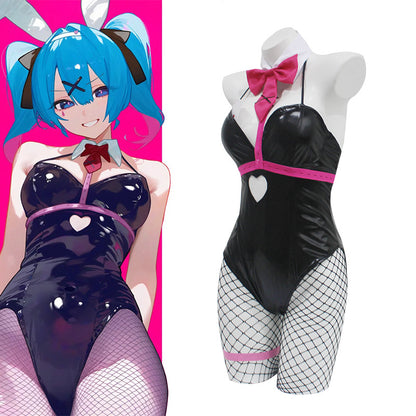 Miku Bunny Costume Women Sexy Black Bunny Girl Leather Bodysuit and Accessories