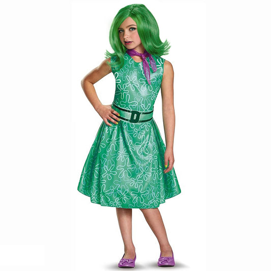 Girls Inside 2 Disgust Costume Classic Disgust Green Dress with Belt and Scarf Kids Disgust Cosplay Outfit