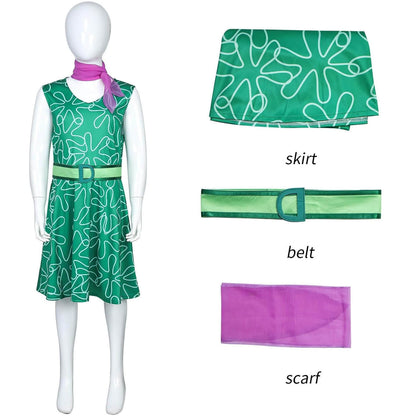 Girls Inside 2 Disgust Costume Classic Disgust Green Dress with Belt and Scarf Kids Disgust Cosplay Outfit