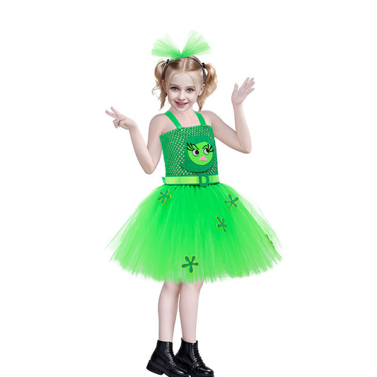 Girls Inside Disgust Costume Green Tutu Dress with Headband Outfit for Halloween Carnival
