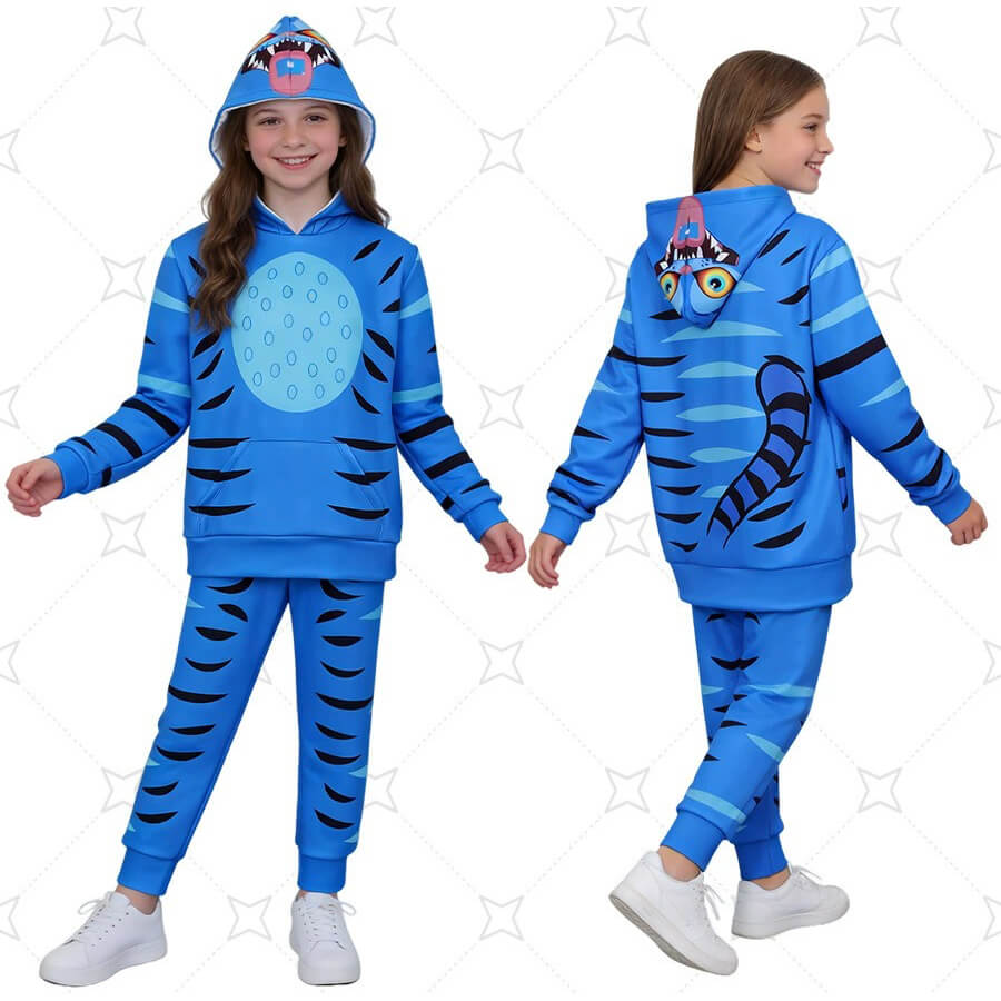 Kids Derpy Tiger Hoodie and Pants Blue Printing KPop Derpy Tiger 2-piece Outfit Set