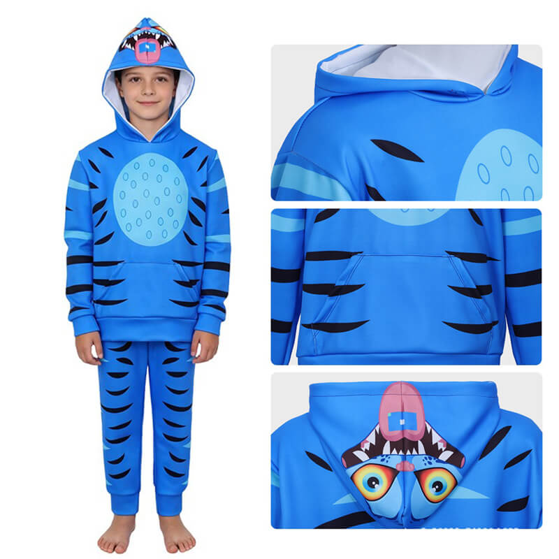 Kids Derpy Tiger Hoodie and Pants Blue Printing KPop Derpy Tiger 2-piece Outfit Set
