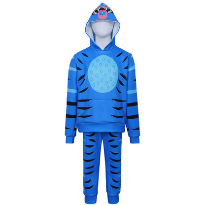 Kids Derpy Tiger Hoodie and Pants Blue Printing KPop Derpy Tiger 2-piece Outfit Set