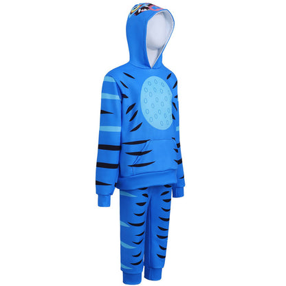 Kids Derpy Tiger Hoodie and Pants Blue Printing KPop Derpy Tiger 2-piece Outfit Set