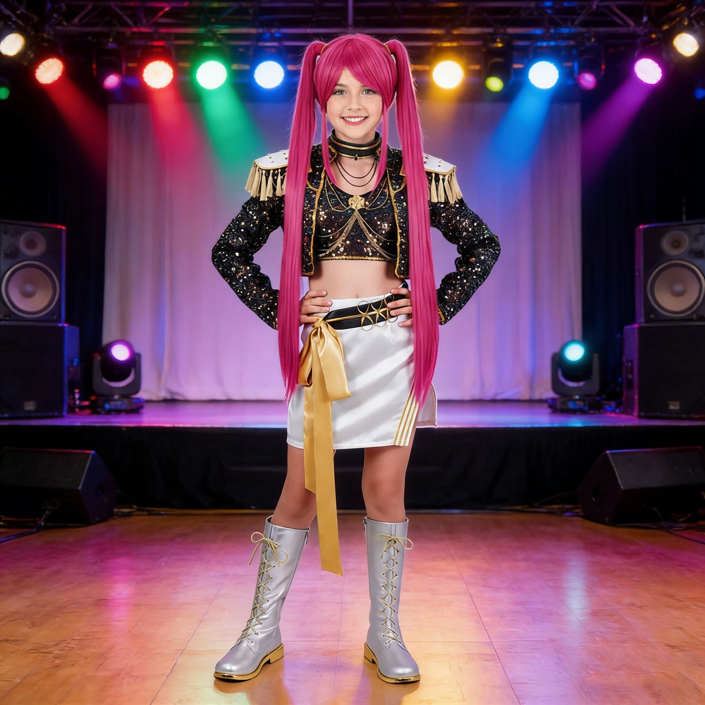 Kids KPop Golden Outfit Rumi Zoey Mira Stage Performance Costume Cosplay Outfit and Wig Set