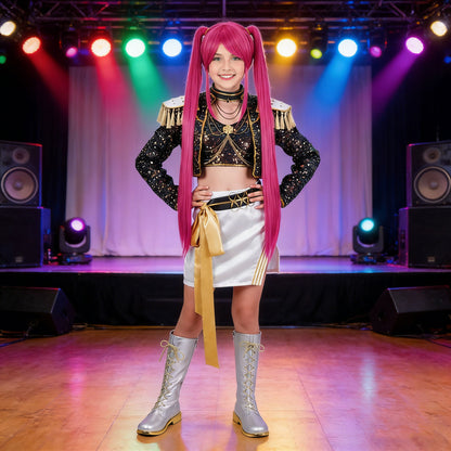 Kids KPop Golden Outfit Rumi Zoey Mira Stage Performance Costume Cosplay Outfit and Wig Set