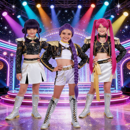 KPop Demon Hunters Rumi Zoey Mira Disfraz de Cosplay y Peluca para Actuación en Escenario Dorado