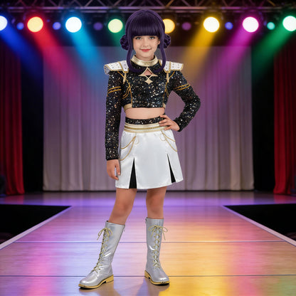 Kids KPop Golden Outfit Rumi Zoey Mira Stage Performance Costume Cosplay Outfit and Wig Set
