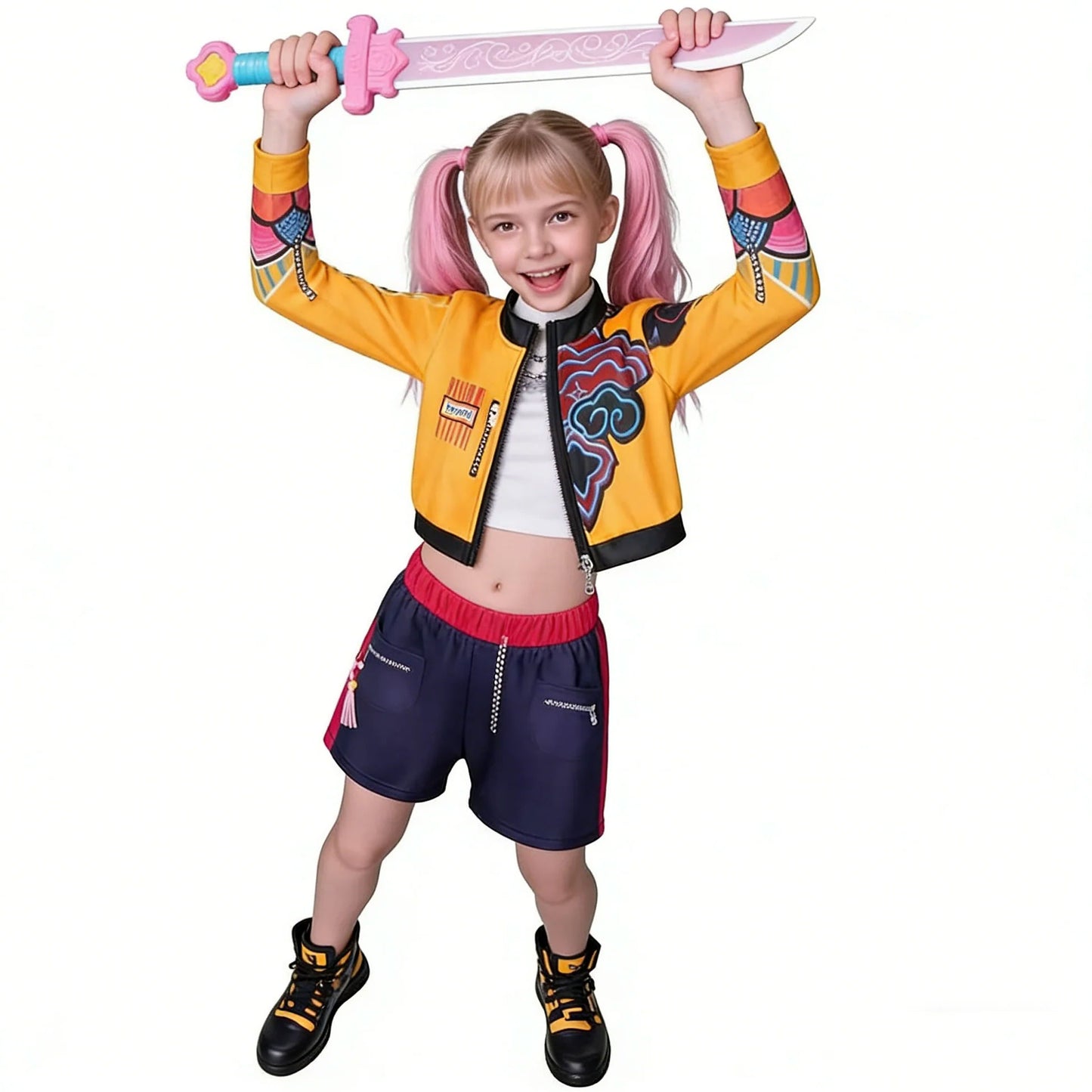 Kids KPop Rumi Costume 3-Piece Yellow Printing Rumi Cosplay Outfit Set