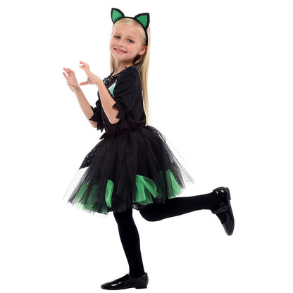 Kids Cat Costume Black Kitty Dress and Headband Girls Cat Cosplay Costume