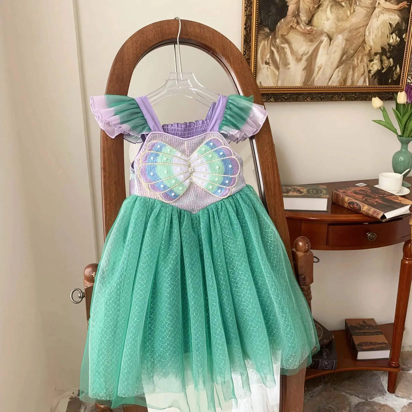 Robe Petite Sirène pour Enfants, Costume de Princesse Ariel, Robe Tutu Multicouche à Manches Volantes