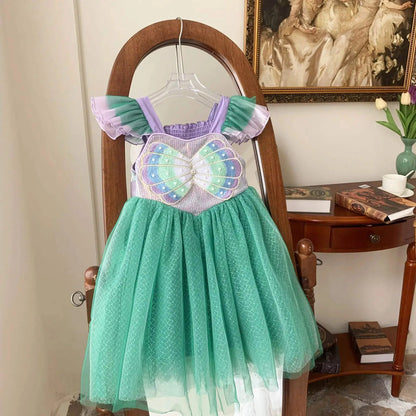 Robe Petite Sirène pour Enfants, Costume de Princesse Ariel, Robe Tutu Multicouche à Manches Volantes