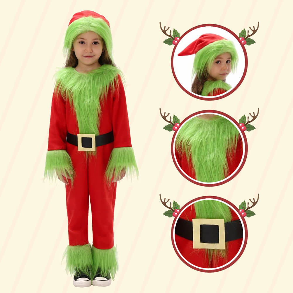 Disfraz de Monstruo Verde de Papá Noel para Niños, Traje de Navidad Peludo con Capucha para Niños y Niñas