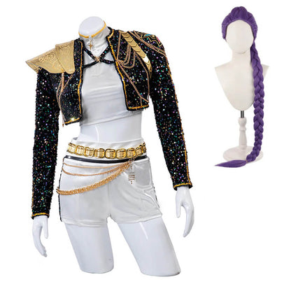 Kids KPop Golden Outfit Rumi Zoey Mira Stage Performance Costume Cosplay Outfit and Wig Set