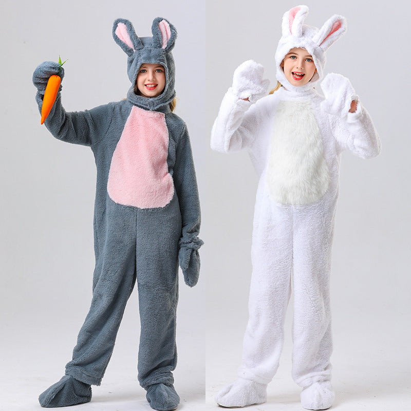 Disfraz de conejo para niños, unisex, de piel, blanco/gris, mono y gorro de conejo