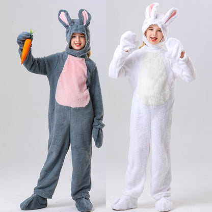 Disfraz de conejo para niños, unisex, de piel, blanco/gris, mono y gorro de conejo