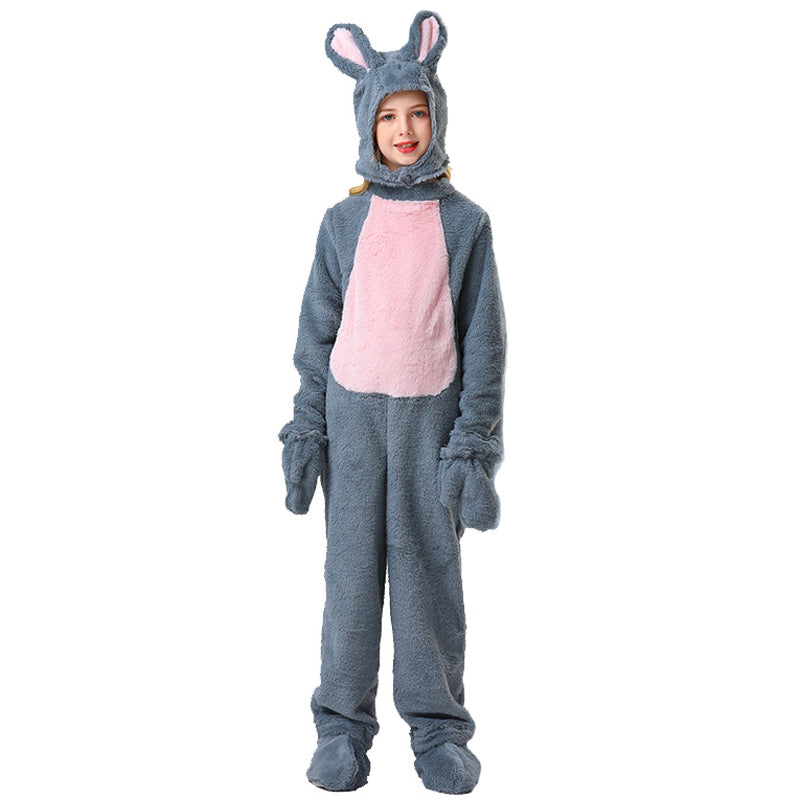 Disfraz de conejo para niños, unisex, de piel, blanco/gris, mono y gorro de conejo