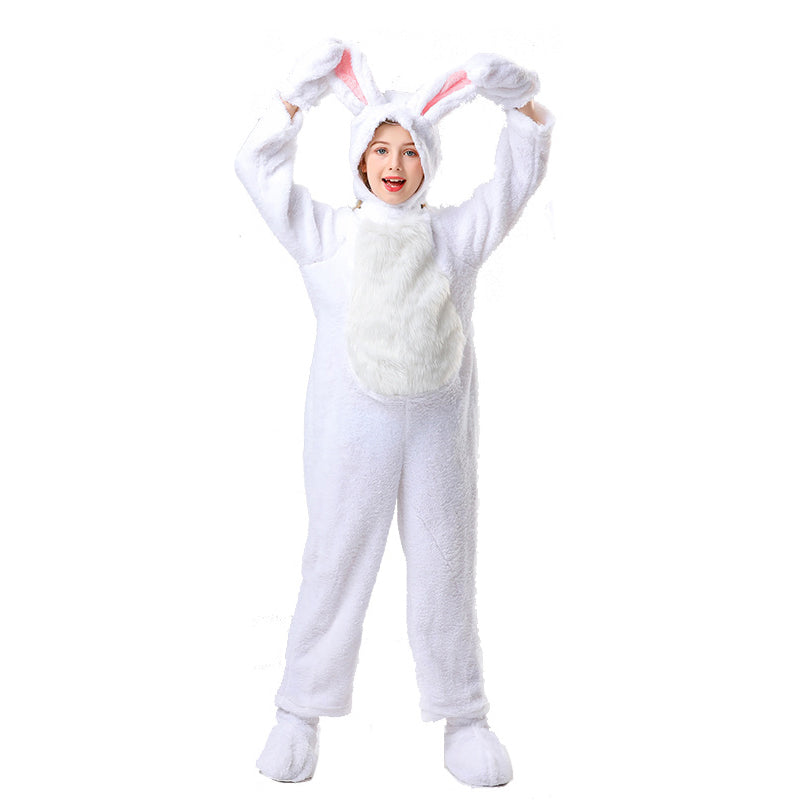 Disfraz de conejo para niños, unisex, de piel, blanco/gris, mono y gorro de conejo