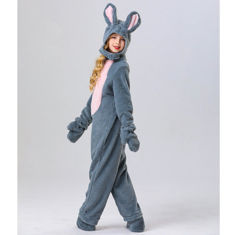 Disfraz de conejo para niños, unisex, de piel, blanco/gris, mono y gorro de conejo