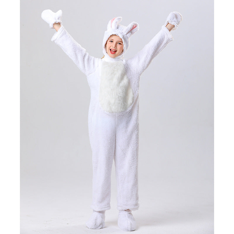 Disfraz de conejo para niños, unisex, de piel, blanco/gris, mono y gorro de conejo