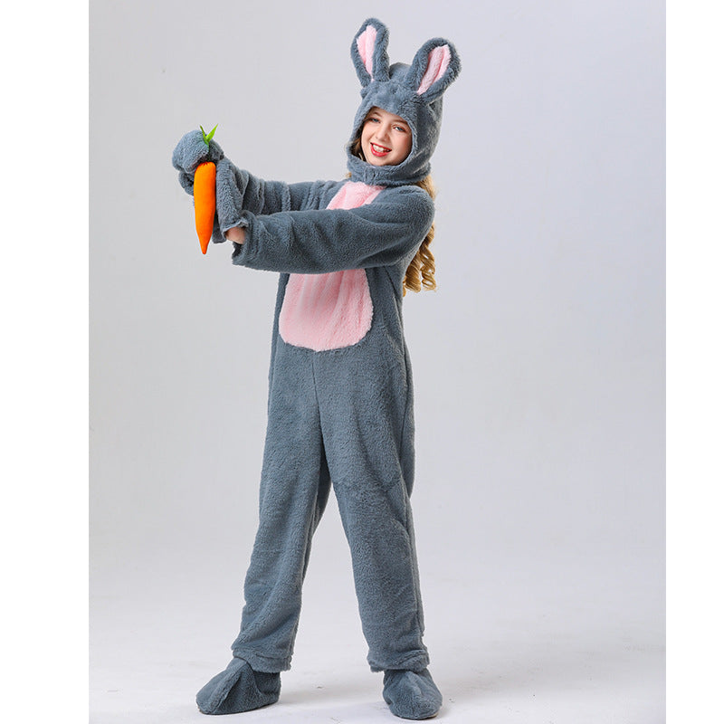 Disfraz de conejo para niños, unisex, de piel, blanco/gris, mono y gorro de conejo