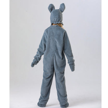 Disfraz de conejo para niños, unisex, de piel, blanco/gris, mono y gorro de conejo