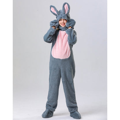 Disfraz de conejo para niños, unisex, de piel, blanco/gris, mono y gorro de conejo