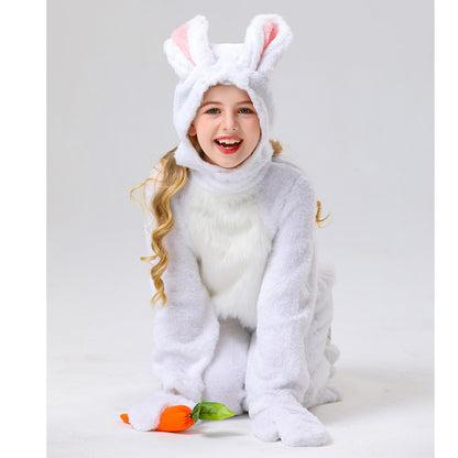 Disfraz de conejo para niños, unisex, de piel, blanco/gris, mono y gorro de conejo
