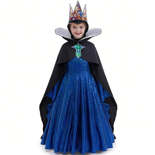 Kids Evil Queen Costume Girls Dress Cloak Crown Party Dress Up Cosplay Outfit