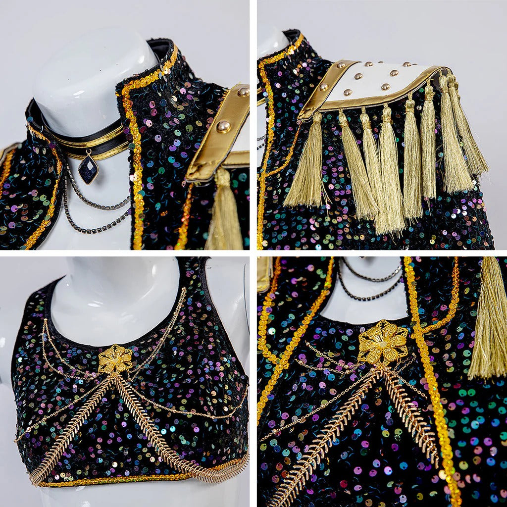 Kids KPop Golden Outfit Rumi Zoey Mira Stage Performance Costume Cosplay Outfit and Wig Set