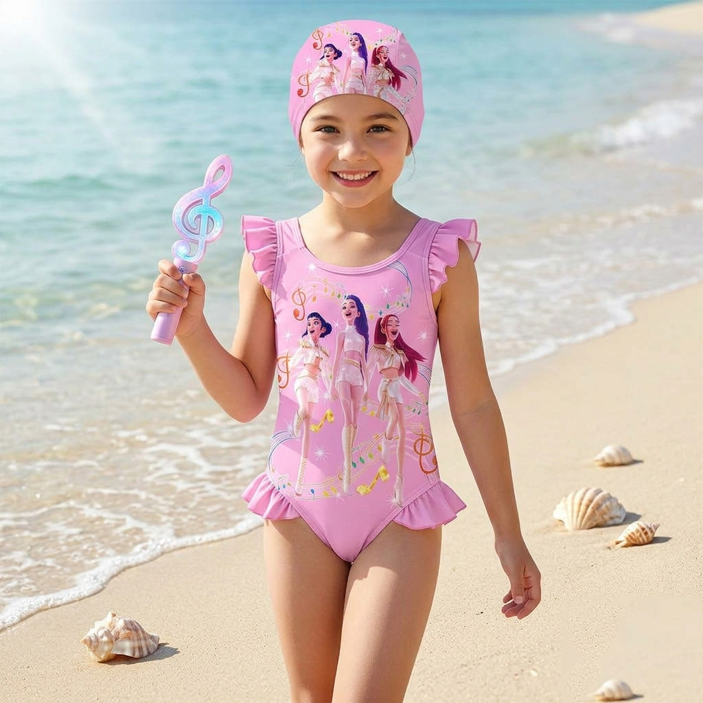 K-Pop Girls Swimsuits Rumi Mira Zoey Cosplay Printed Swimwear with Cap
