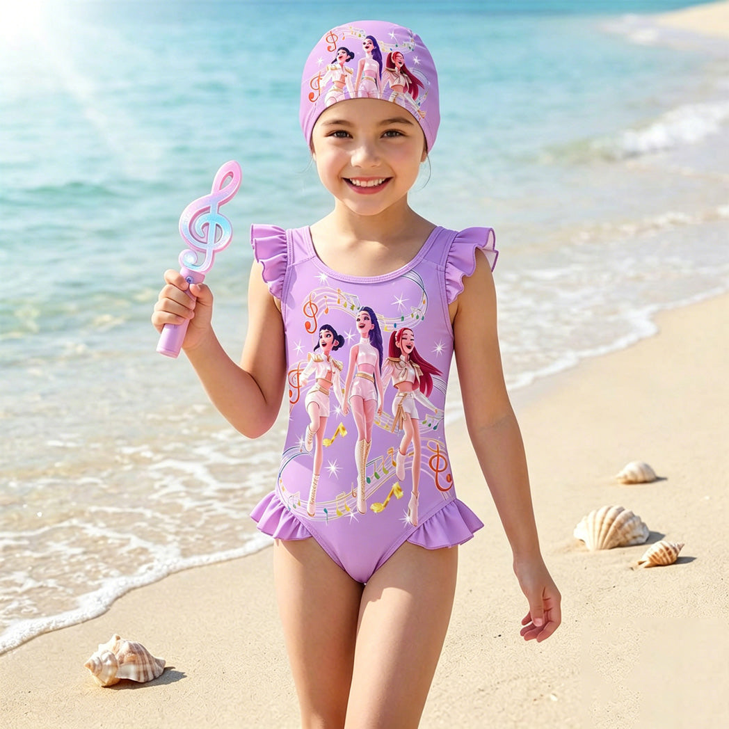 K-Pop Girls Swimsuits Rumi Mira Zoey Cosplay Printed Swimwear with Cap