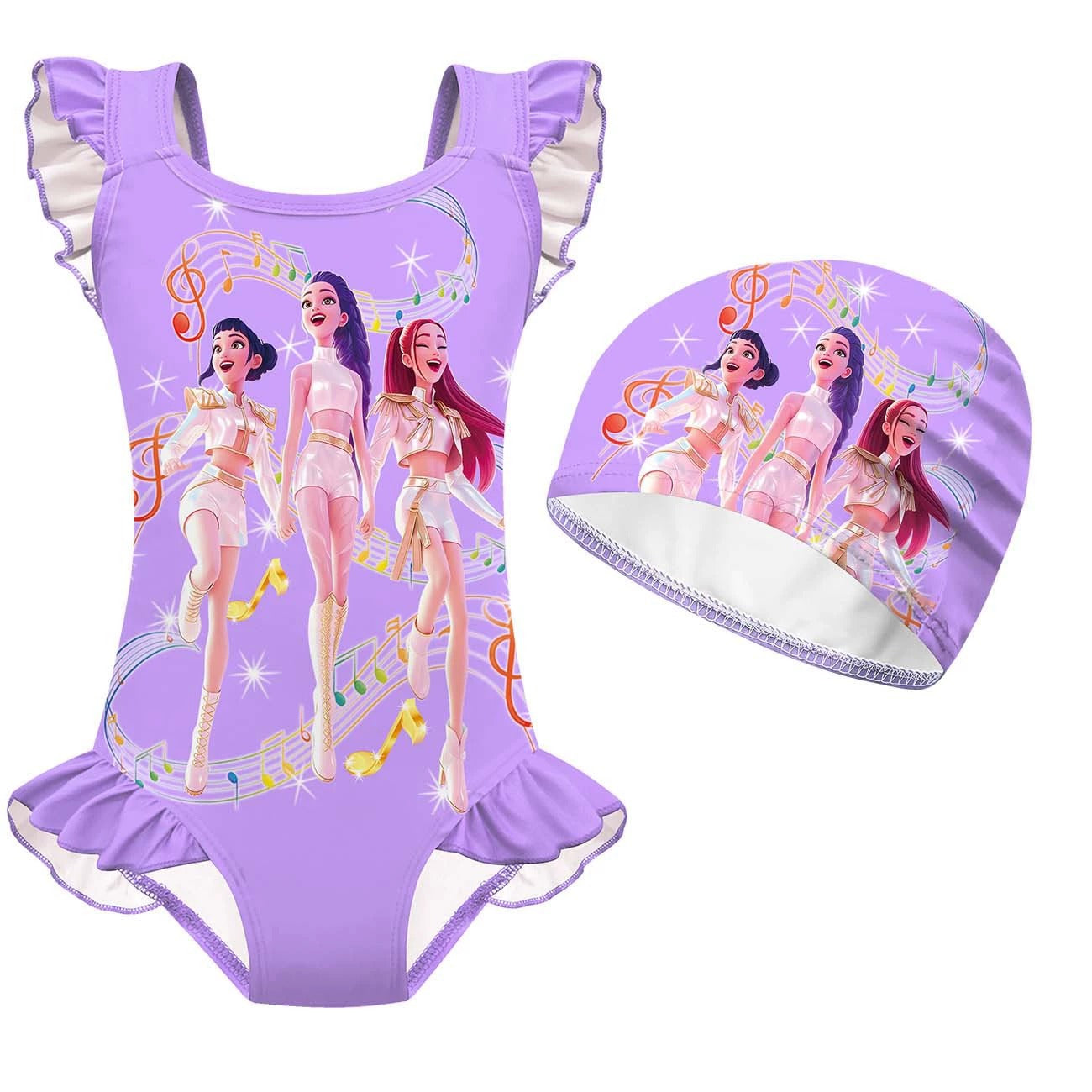 K-Pop Girls Swimsuits Rumi Mira Zoey Cosplay Printed Swimwear with Cap