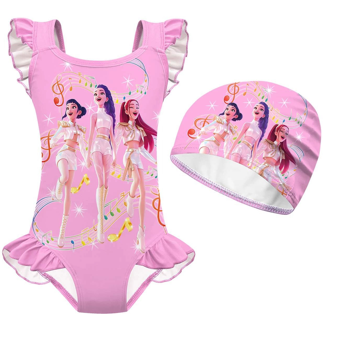 K-Pop Girls Swimsuits Rumi Mira Zoey Cosplay Printed Swimwear with Cap