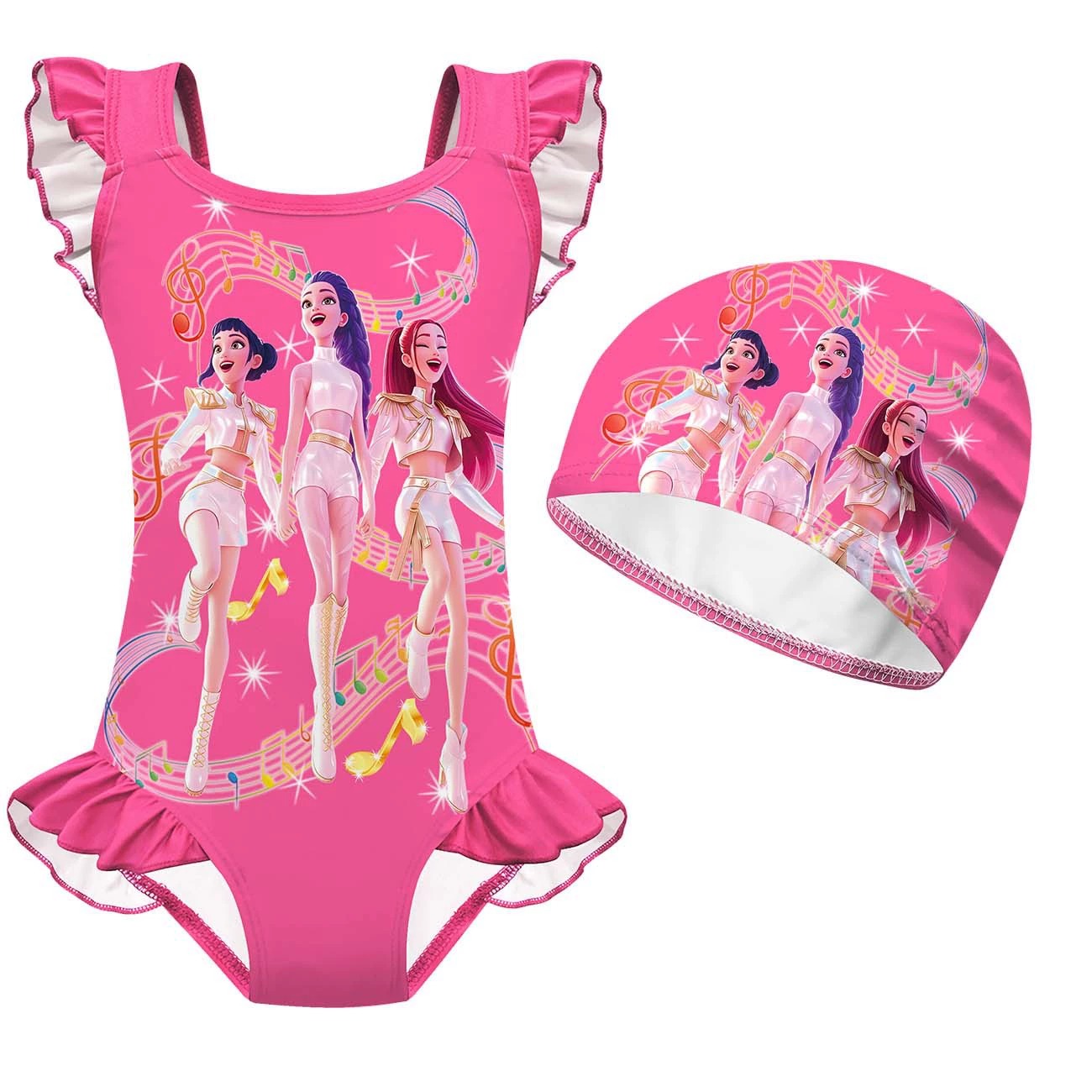 K-Pop Girls Swimsuits Rumi Mira Zoey Cosplay Printed Swimwear with Cap