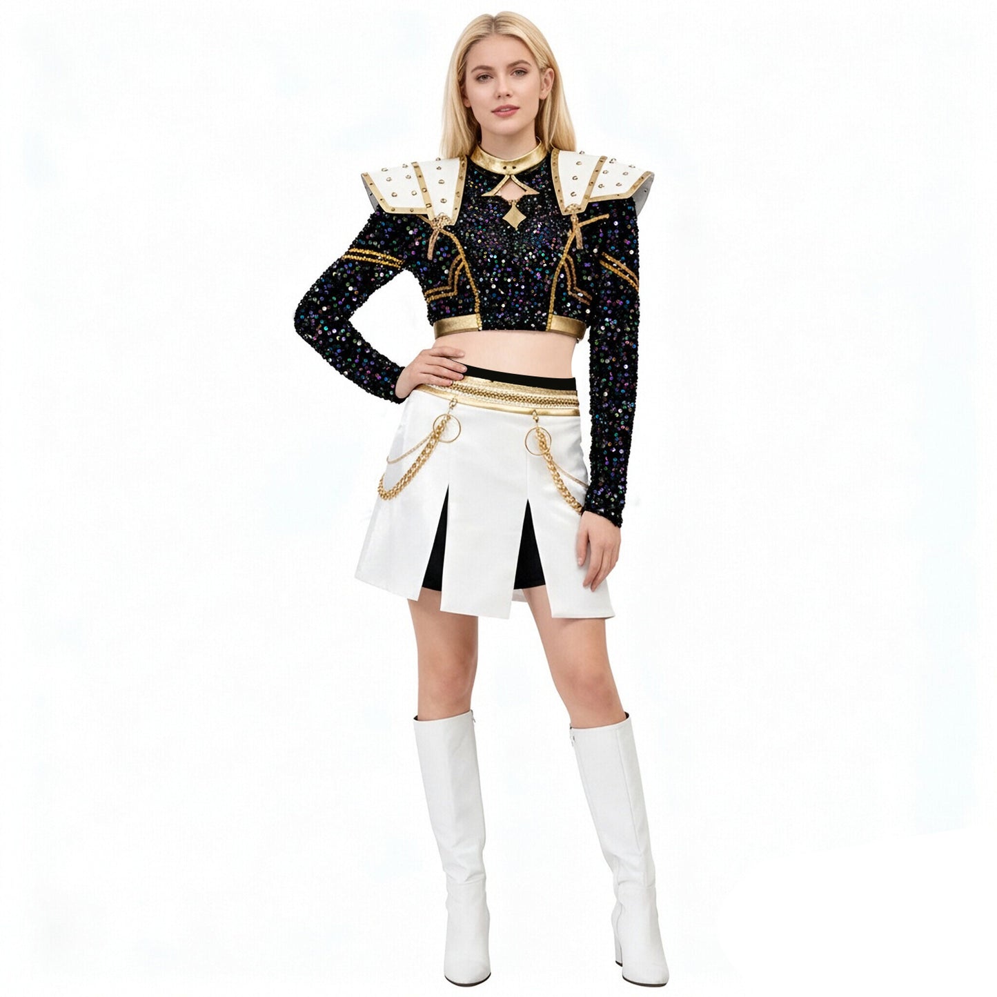 KPop Zoey Golden Outfit 4-piece Black Sequins Zoey Cosplay Costume Stage Performance Suit