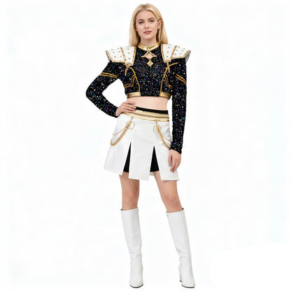 KPop Zoey Golden Outfit 4-piece Black Sequins Zoey Cosplay Costume Stage Performance Suit