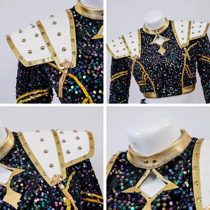 Kids KPop Golden Outfit Rumi Zoey Mira Stage Performance Costume Cosplay Outfit and Wig Set