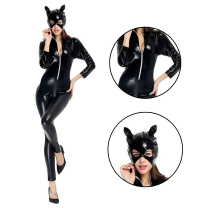Sexy Women Black Cat Costume Pole Dance Jumpsuit with Mask and Whip
