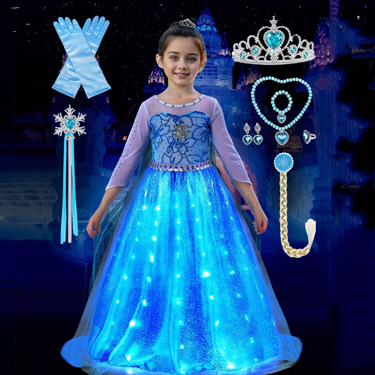 Vestido de Princesa Elsa con Luces para Niñas, Vestido de Princesa de Hielo y Nieve para Halloween y Navidad