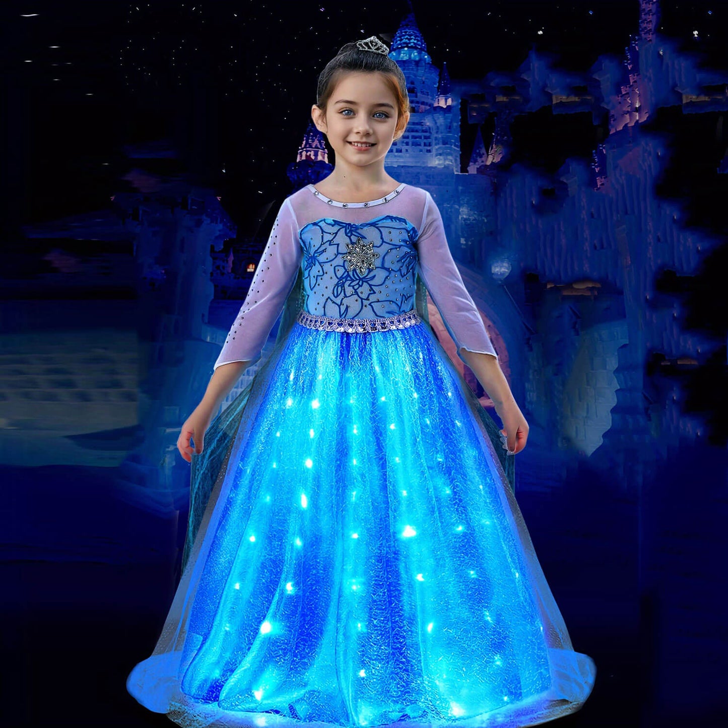 Vestido de Princesa Elsa con Luces para Niñas, Vestido de Princesa de Hielo y Nieve para Halloween y Navidad