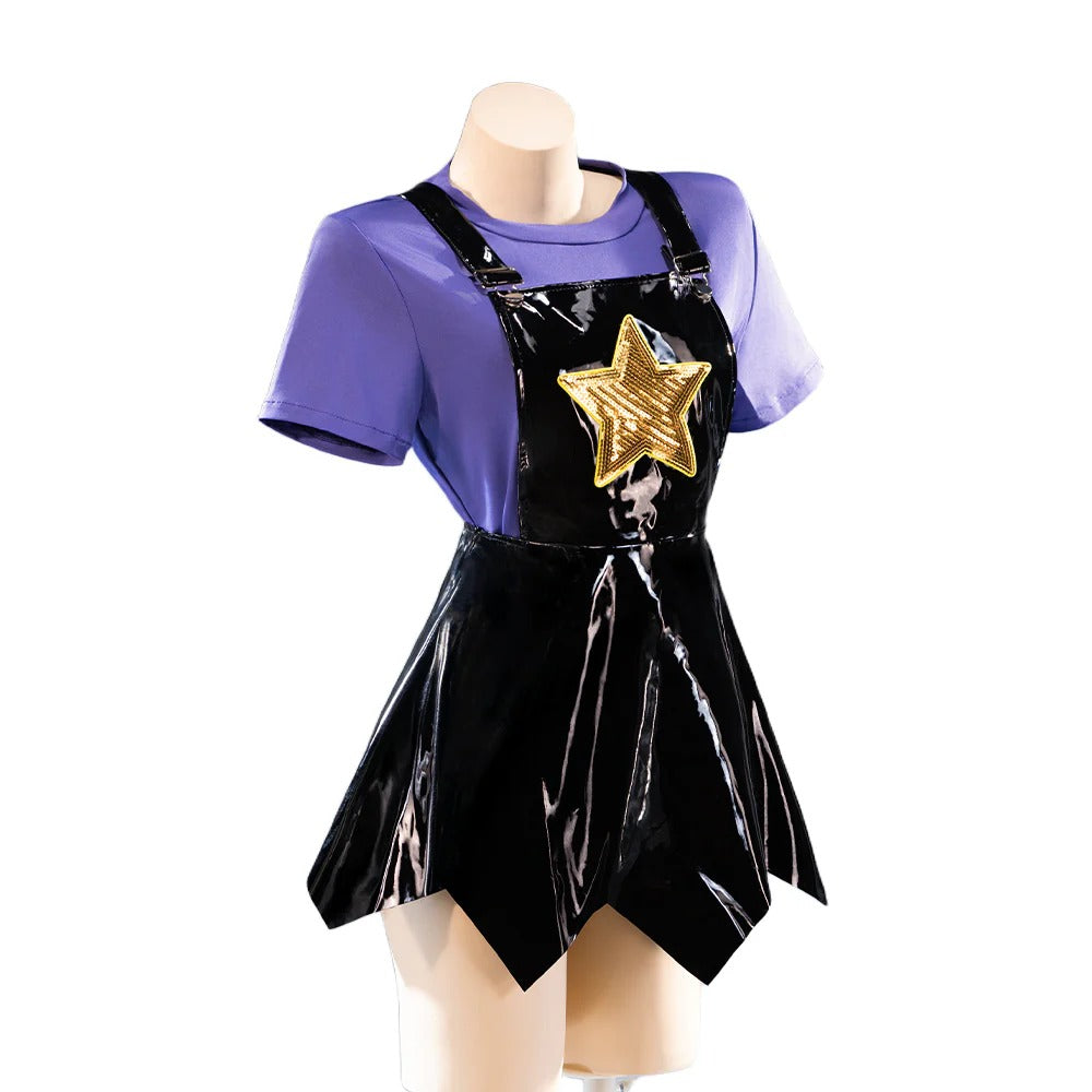 Women Purple Heart Braids Doll Costume PU Leather Dress with T-shirt and Matching Leg Sleeves for Theme Dress Up