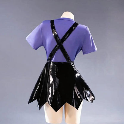 Women Purple Heart Braids Doll Costume PU Leather Dress with T-shirt and Matching Leg Sleeves for Theme Dress Up