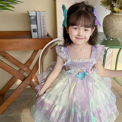 Robe de princesse multicouche pour enfants, robe de sirène d'anniversaire avec voile en tulle et nœud