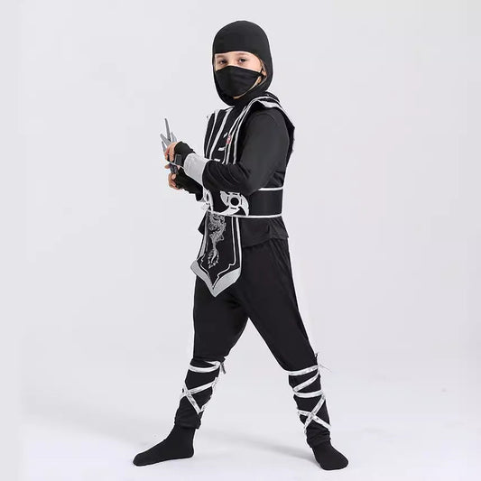 Kids Samurai Ninja Costume Black jumpsuit and Face Maks with Hood